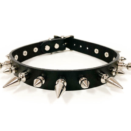 CK136 3/4" BLACK LEATHER CHOKER WITH 1/2" AND 1" SPIKES