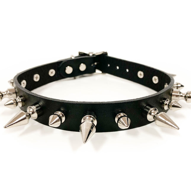 CK136 3/4" BLACK LEATHER CHOKER WITH 1/2" AND 1" SPIKES