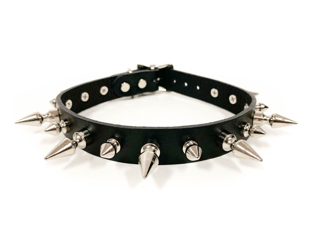 CK136 3/4" BLACK LEATHER CHOKER WITH 1/2" AND 1" SPIKES