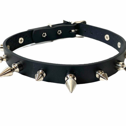 CK136 3/4" BLACK LEATHER CHOKER WITH 1/2" AND 1" SPIKES