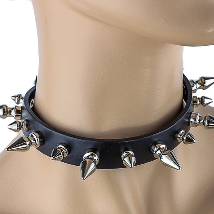 CK136 3/4" BLACK LEATHER CHOKER WITH 1/2" AND 1" SPIKES