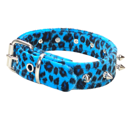 CK148LEOPARD  1 1/4" WIDE FUZZY LEOPARD  1" SPIKE CHOKER HANDMADE IN USA