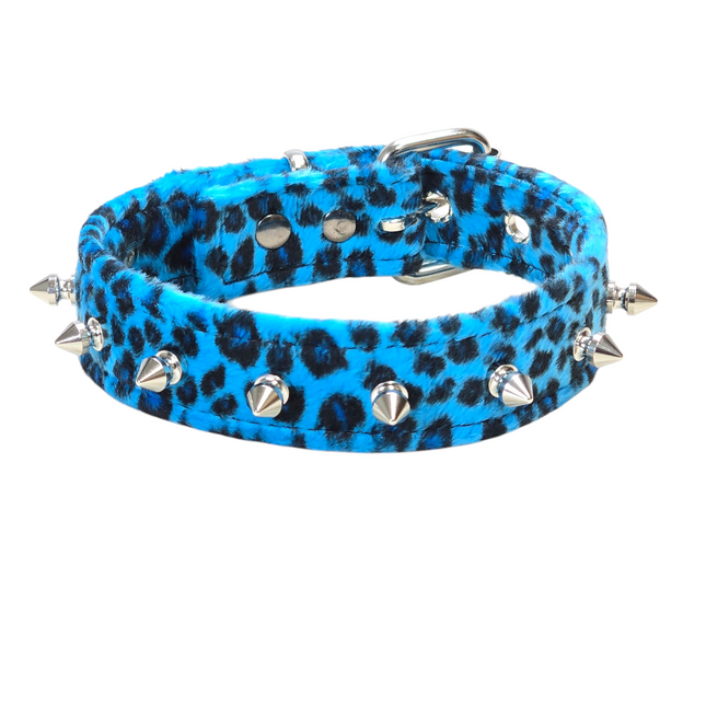 CK148LEOPARD  1 1/4" WIDE FUZZY LEOPARD  1" SPIKE CHOKER HANDMADE IN USA