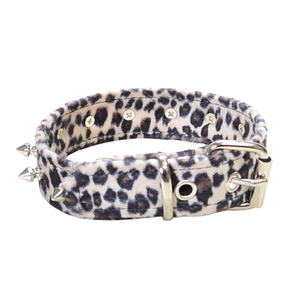 CK148LEOPARD  1 1/4" WIDE FUZZY LEOPARD  1" SPIKE CHOKER HANDMADE IN USA