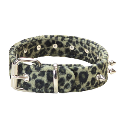 CK148LEOPARD  1 1/4" WIDE FUZZY LEOPARD  1" SPIKE CHOKER HANDMADE IN USA
