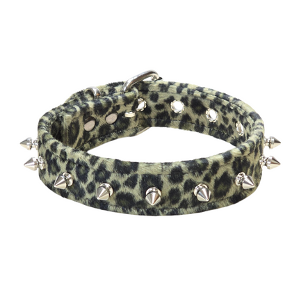 CK148LEOPARD  1 1/4" WIDE FUZZY LEOPARD  1" SPIKE CHOKER HANDMADE IN USA
