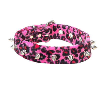 CK148LEOPARD  1 1/4" WIDE FUZZY LEOPARD  1" SPIKE CHOKER HANDMADE IN USA
