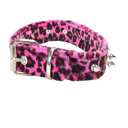 CK148LEOPARD  1 1/4" WIDE FUZZY LEOPARD  1" SPIKE CHOKER HANDMADE IN USA