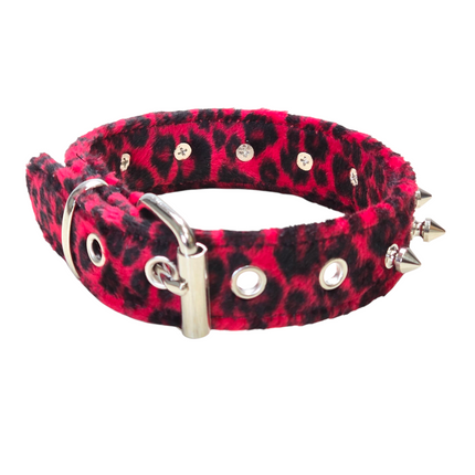 CK148LEOPARD  1 1/4" WIDE FUZZY LEOPARD  1" SPIKE CHOKER HANDMADE IN USA