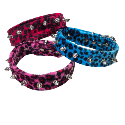 CK148LEOPARD  1 1/4" WIDE FUZZY LEOPARD  1" SPIKE CHOKER HANDMADE IN USA