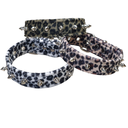CK148LEOPARD  1 1/4" WIDE FUZZY LEOPARD  1" SPIKE CHOKER HANDMADE IN USA