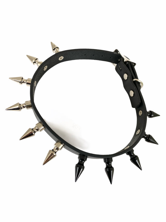 FCK328SL-BS  3/4" BLACK LEATHER CHOKER WITH 1" BLACK AND SILVER SPIKES