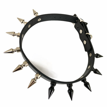 CK149SL-BS 3/4" BLACK LEATHER CHOKER WITH 1" BLACK AND SILVER SPIKES