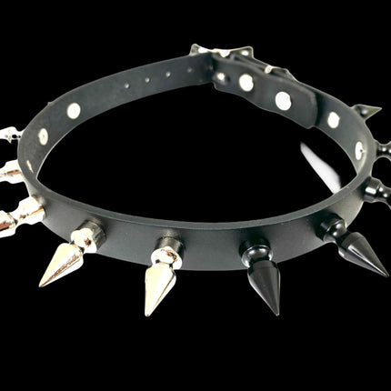 CK149SL-BS 3/4" BLACK LEATHER CHOKER WITH 1" BLACK AND SILVER SPIKES