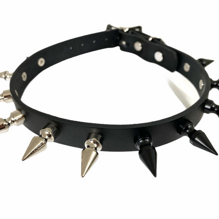 CK149SL-BS 3/4" BLACK LEATHER CHOKER WITH 1" BLACK AND SILVER SPIKES