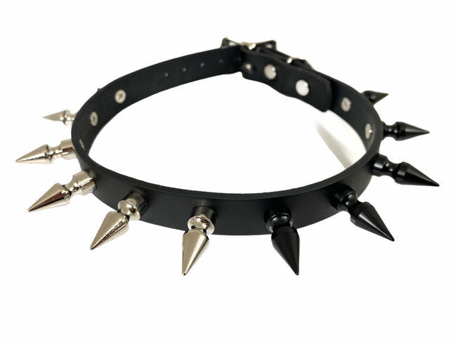 CK149SL-BS 3/4" BLACK LEATHER CHOKER WITH 1" BLACK AND SILVER SPIKES