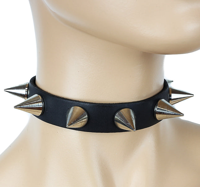 CK161 3/4" BLACK LEATHER CHOKER WITH MEDIUM CONE SPIKES