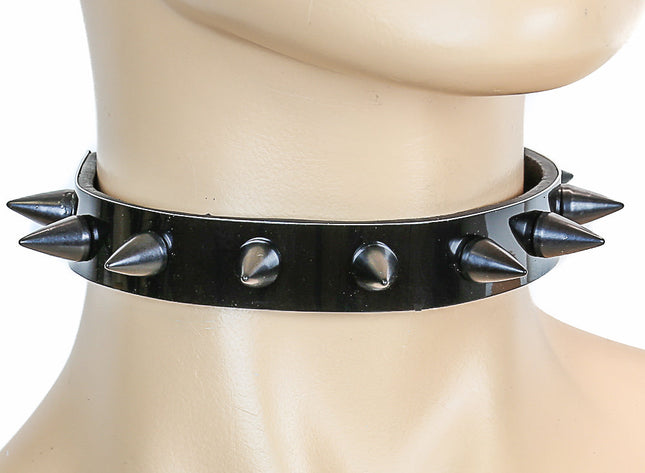 CK167MET  3/4" BLACK LEATHER CHOKER CONE SPIKES