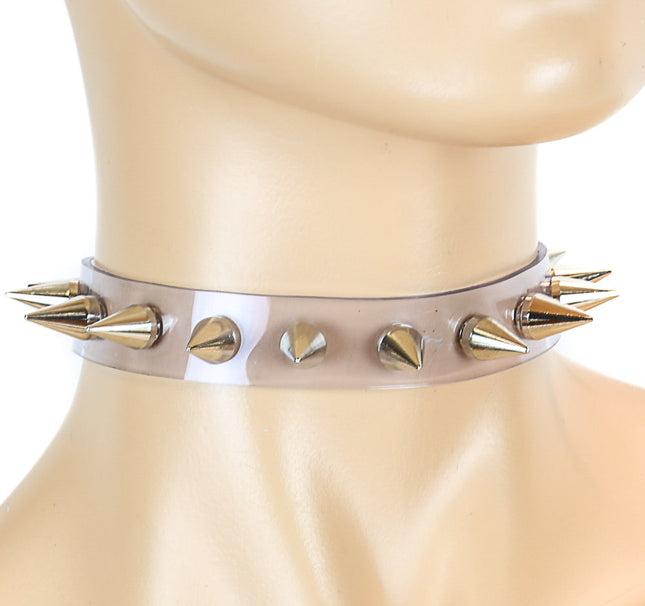CK167VN-CLR  3/4" BLACK LEATHER CHOKER CONE SPIKES