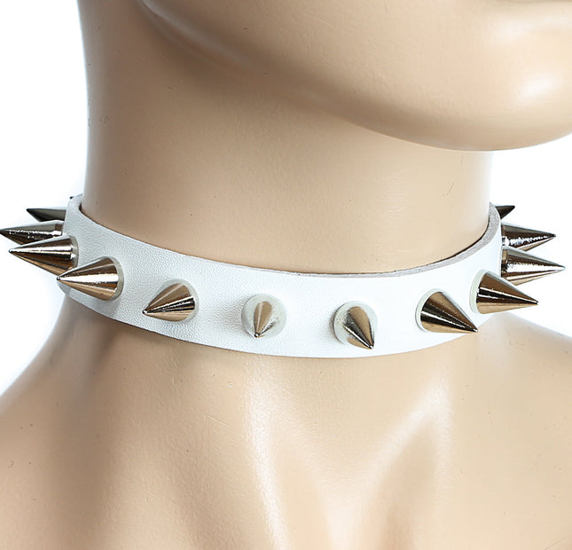 CK167WHT 3/4" WHITE  LEATHER CHOKER CONE SPIKES