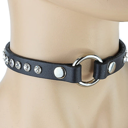 CK168ST-LEA 1/2" LEATHER CHOKER WITH 3/4" -O- RING AND RHINESTONES