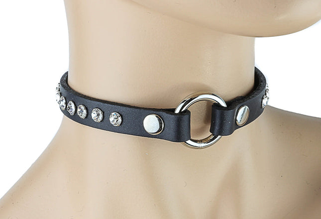 CK168ST-LEA 1/2" LEATHER CHOKER WITH 3/4" -O- RING AND RHINESTONES