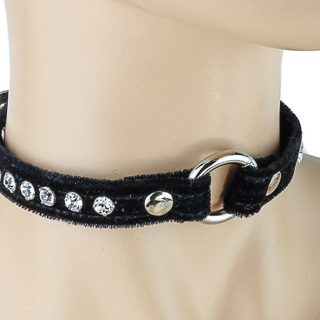 CK168ST-VELVET  RHINESTONE RING CHOKER