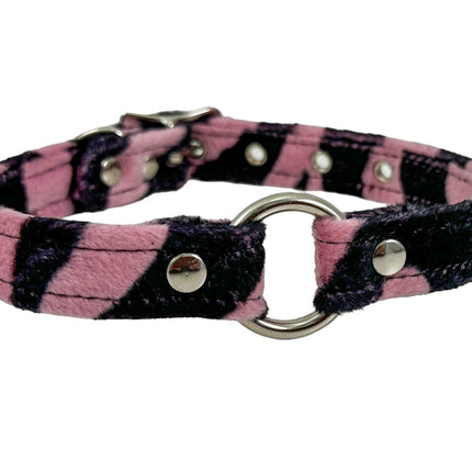 CK169L-ZEB  PINK RED WHITE FUZZY ZEBRA RING BONDAGDE CHOKER