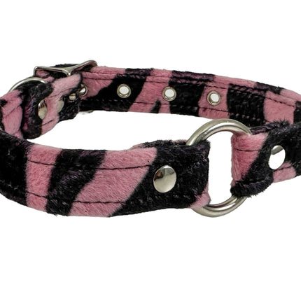 CK169L-ZEB  PINK RED WHITE FUZZY ZEBRA RING BONDAGDE CHOKER