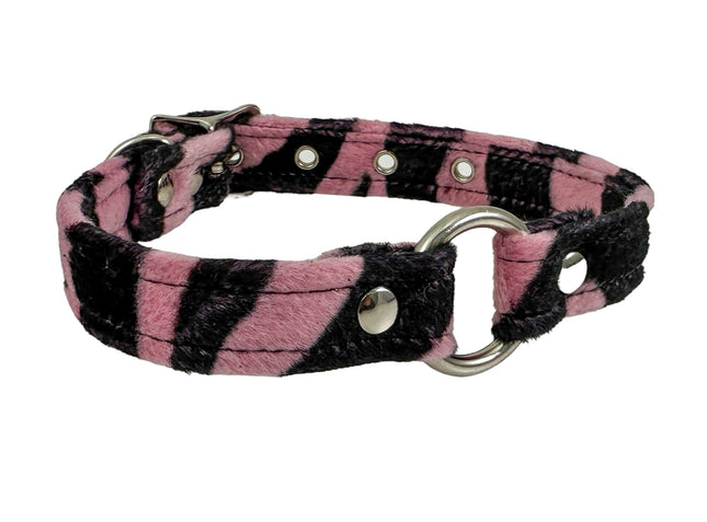 CK169L-ZEB  PINK RED WHITE FUZZY ZEBRA RING BONDAGDE CHOKER