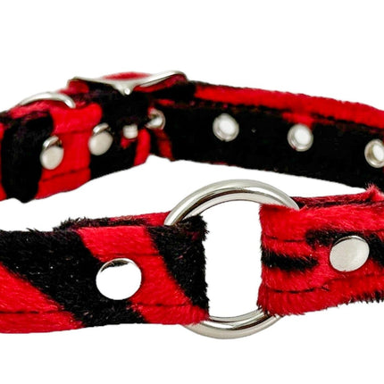 CK169L-ZEB  PINK RED WHITE FUZZY ZEBRA RING BONDAGDE CHOKER