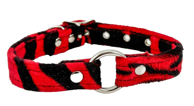 CK169L-ZEB  PINK RED WHITE FUZZY ZEBRA RING BONDAGDE CHOKER