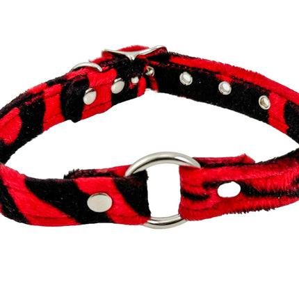 CK169L-ZEB  PINK RED WHITE FUZZY ZEBRA RING BONDAGDE CHOKER