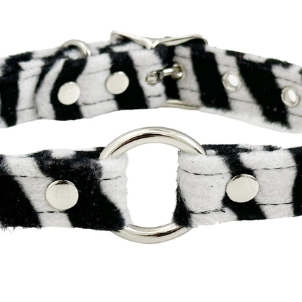 CK169L-ZEB  PINK RED WHITE FUZZY ZEBRA RING BONDAGDE CHOKER