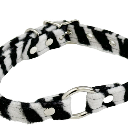 CK169L-ZEB  PINK RED WHITE FUZZY ZEBRA RING BONDAGDE CHOKER