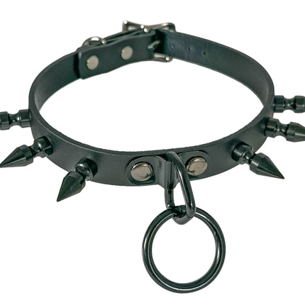CK173M 3/4" BLACK LEATHER CHOKER WITH 1" SPIKES AND 1" LOOP & RING