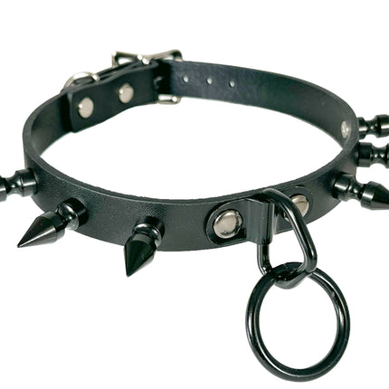 CK173M 3/4" BLACK LEATHER CHOKER WITH 1" SPIKES AND 1" LOOP & RING