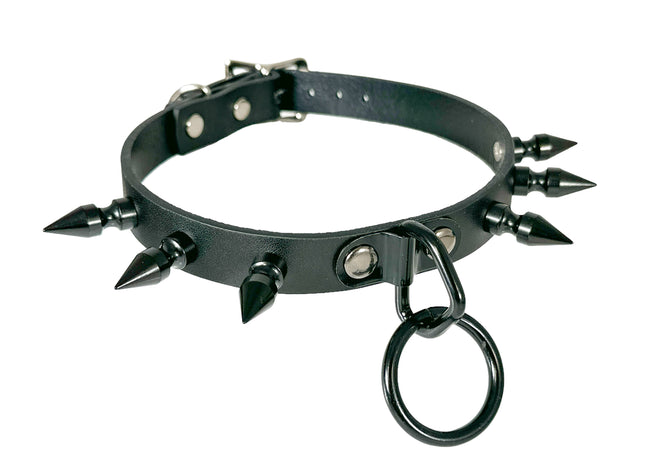 CK173M 3/4" BLACK LEATHER CHOKER WITH 1" SPIKES AND 1" LOOP & RING