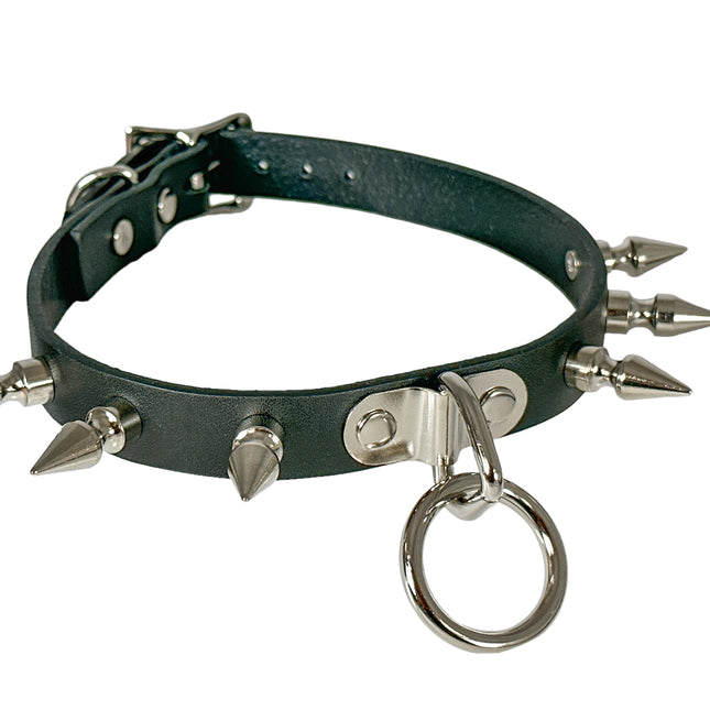 CK173M 3/4" BLACK LEATHER CHOKER WITH 1" SPIKES AND 1" LOOP & RING