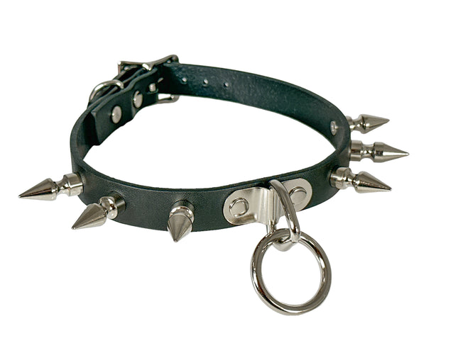 CK173M 3/4" BLACK LEATHER CHOKER WITH 1" SPIKES AND 1" LOOP & RING