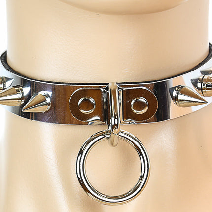 CK173MET  CHOKER WITH SMALL CONE SPIKES AND 1" RING