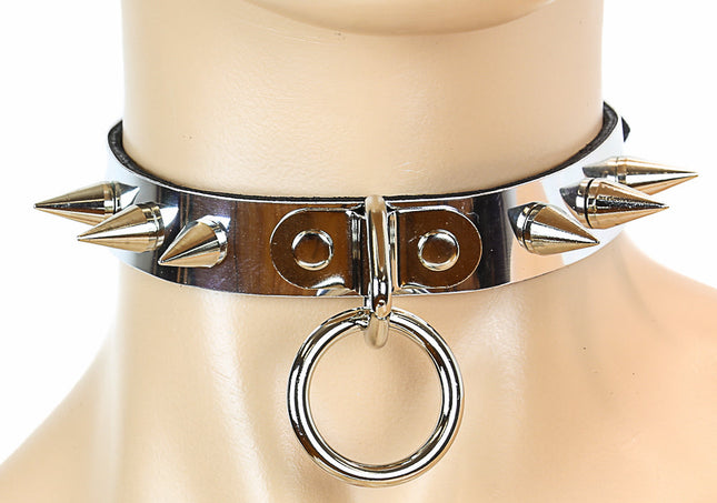 CK173MET  CHOKER WITH SMALL CONE SPIKES AND 1" RING