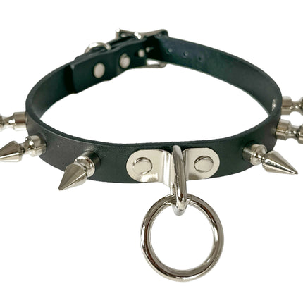 CK173M 3/4" BLACK LEATHER CHOKER WITH 1" SPIKES AND 1" LOOP & RING