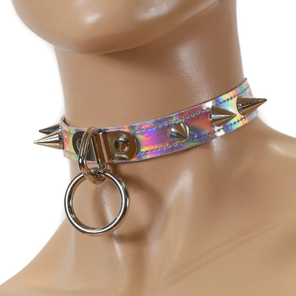 CK173RAINBOW  CHOKER WITH SMALL CONE SPIKES AND 1" RING