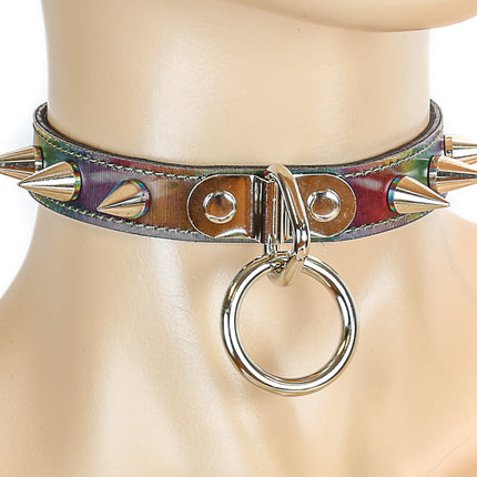 CK173RAINBOW  CHOKER WITH SMALL CONE SPIKES AND 1" RING