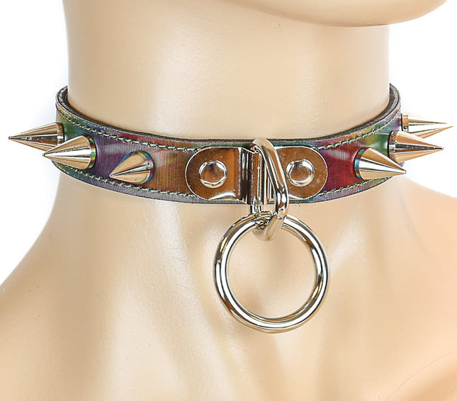 CK173RAINBOW  CHOKER WITH SMALL CONE SPIKES AND 1" RING