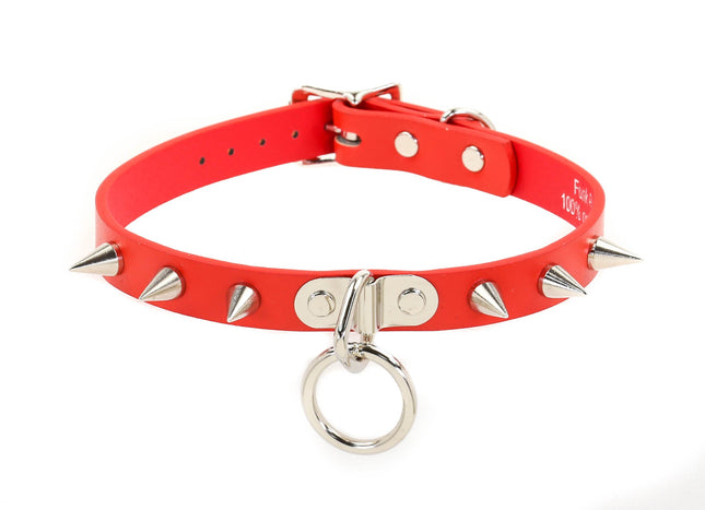 CK173VEGAN RED CHOKER WITH SMALL CONE SPIKES AND 1" RING