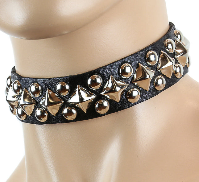 CK198 1" BLACK LEATHER CHOKER WITH DIAMOND AND ROUND
