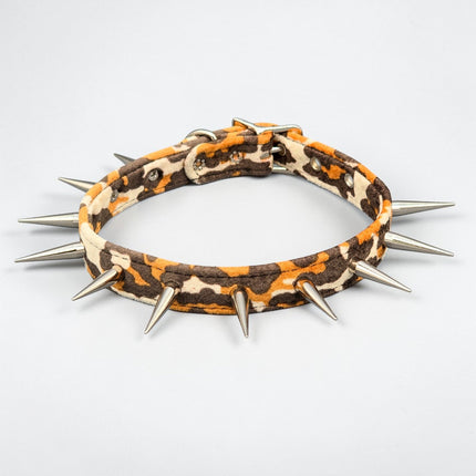 CK241LEOPARD  FUZZY LEOPARD PIN TALL SPIKE CHOKER HANDMADE IN USA