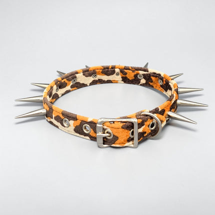CK241LEOPARD  FUZZY LEOPARD PIN TALL SPIKE CHOKER HANDMADE IN USA